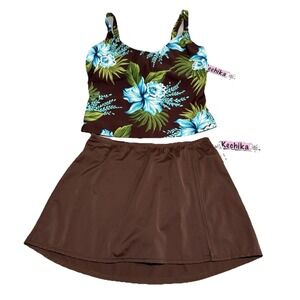Kechika Swim Suit Set Tankini Brown Floral Underwire Top Skirted Bottom w/Slit